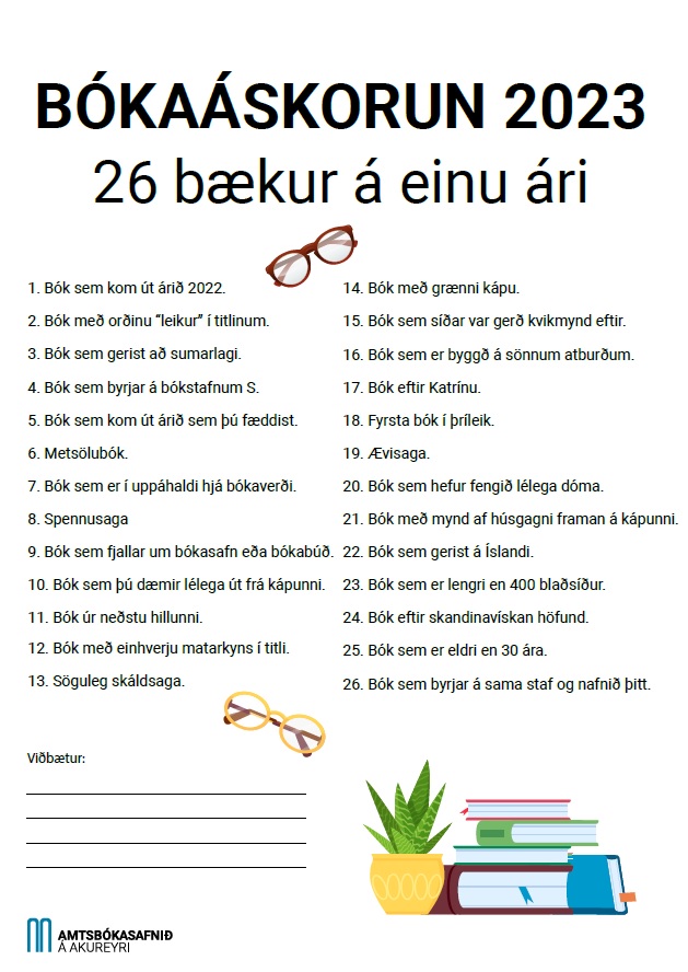 Mynd af bókaáskorun um að lesa 26 titla á árinu 2023