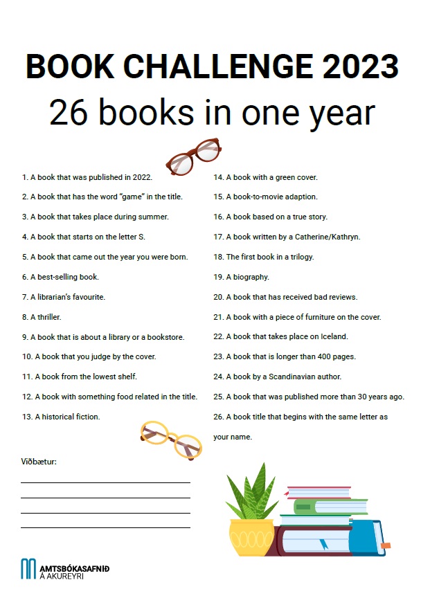 Book challenge with 26 ideas of books to read during the year 2023