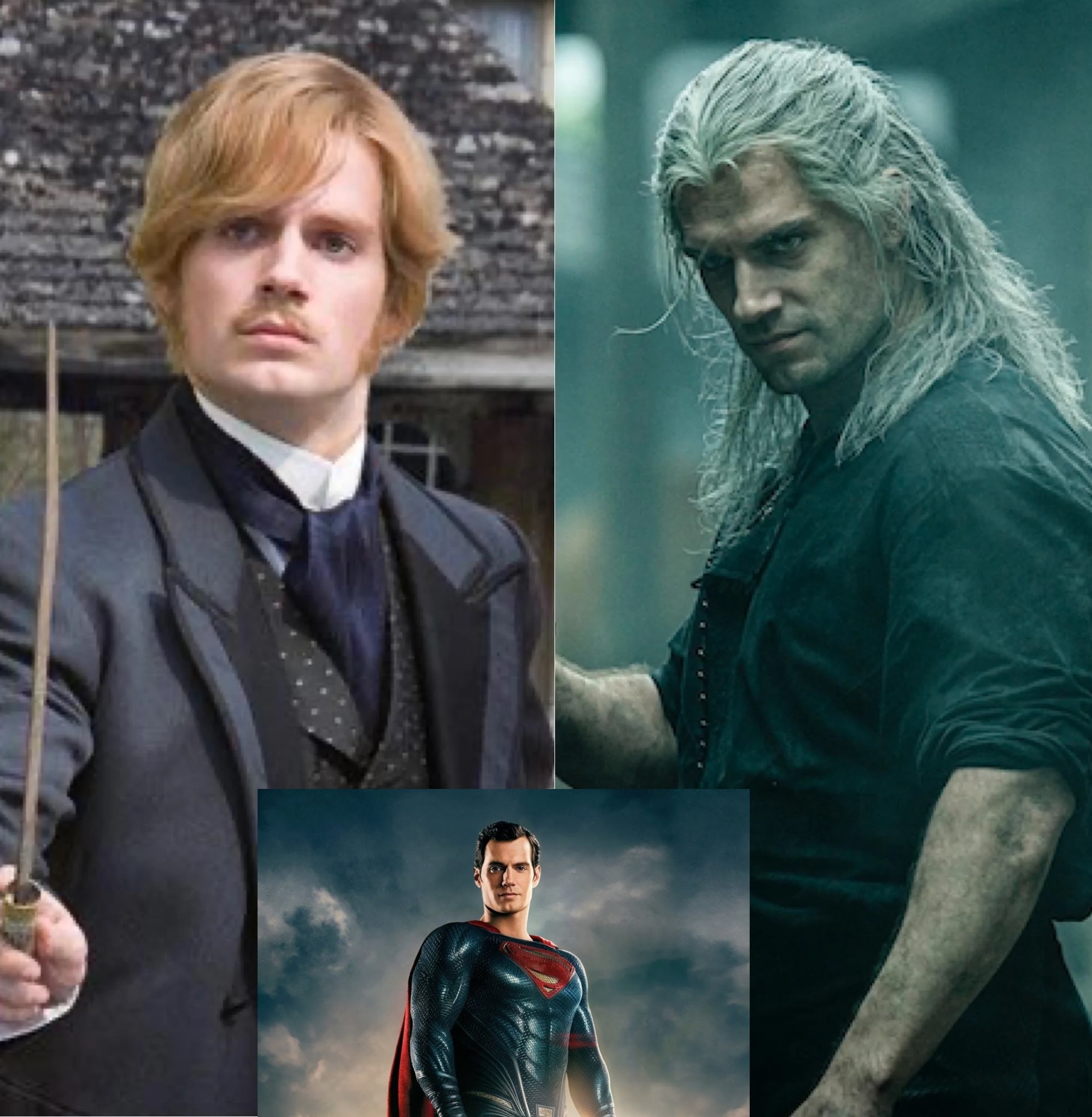 Mynd af leikaranum Henry Cavill í þremur hlutverkum: Witcher, Stardust og Superman.