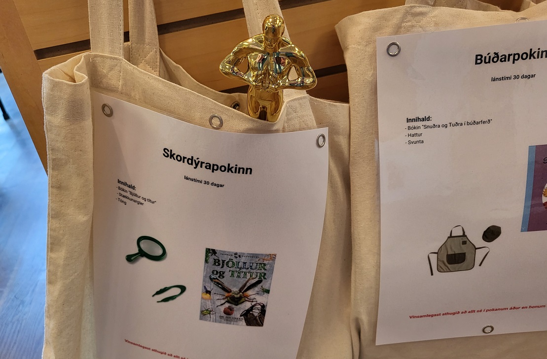 Mynd af Óskarsstyttu ofan í taupokum sem kallast Ævintýrapokar