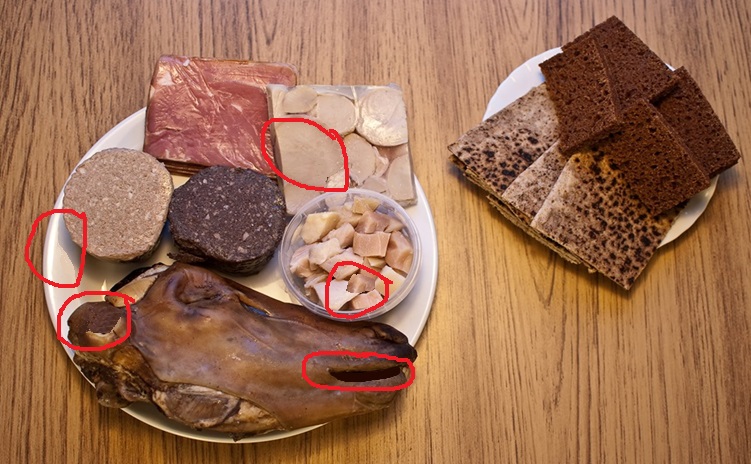 Thorri food (blood sausage, boiled sheep-head, sour ram-testicles, shark...)
