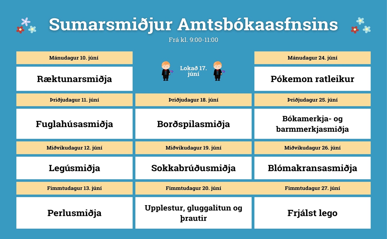 Poster with overview of summer workshops for children at the Municipal Library in 2024