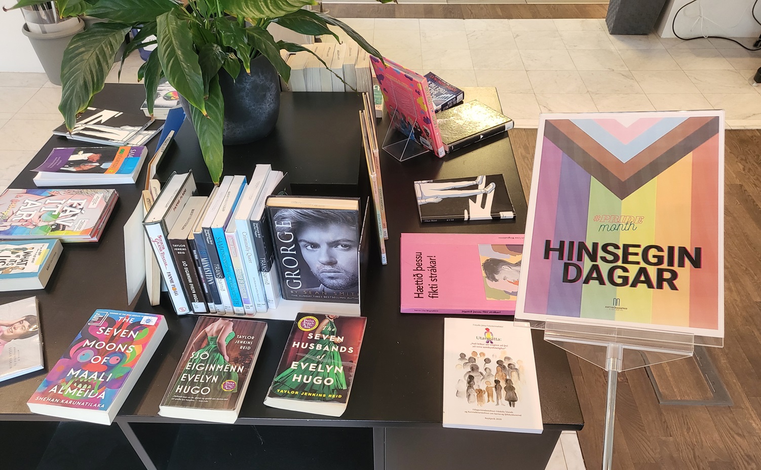 Books on a display table (related to pride month)