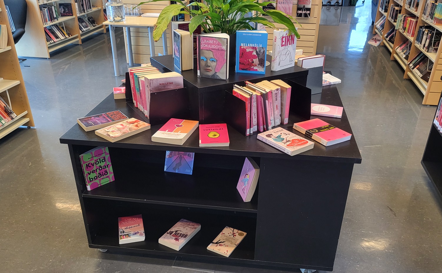 Picture of pink-colored books on an exhibition desk