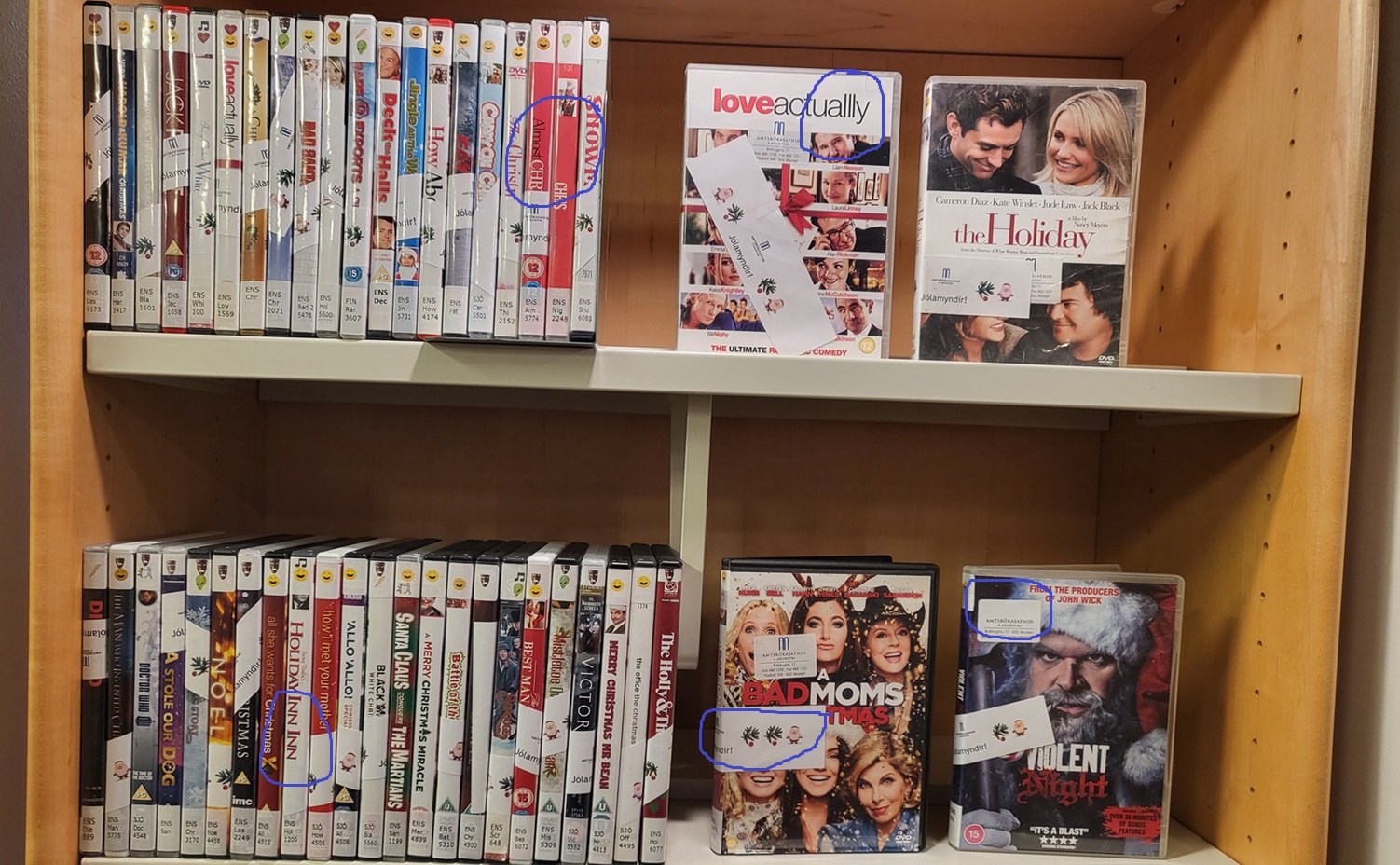 Christmas DVDs in a shelf