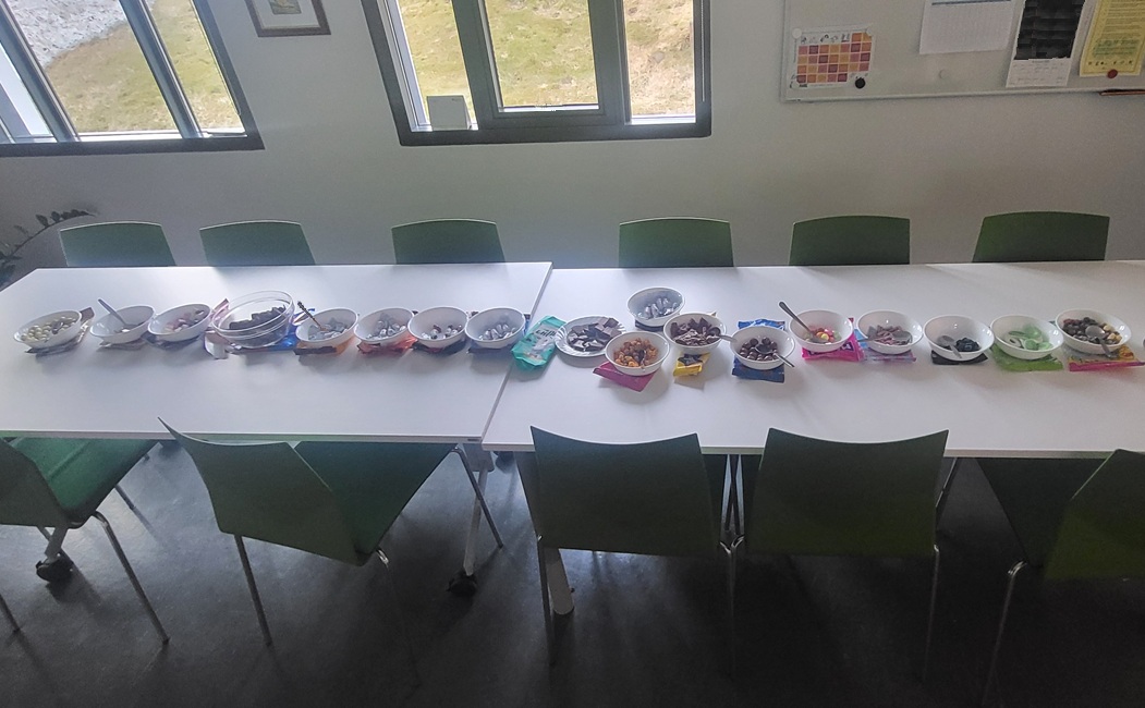 Picture of bowls filled with candy on a table in the library employees coffee room