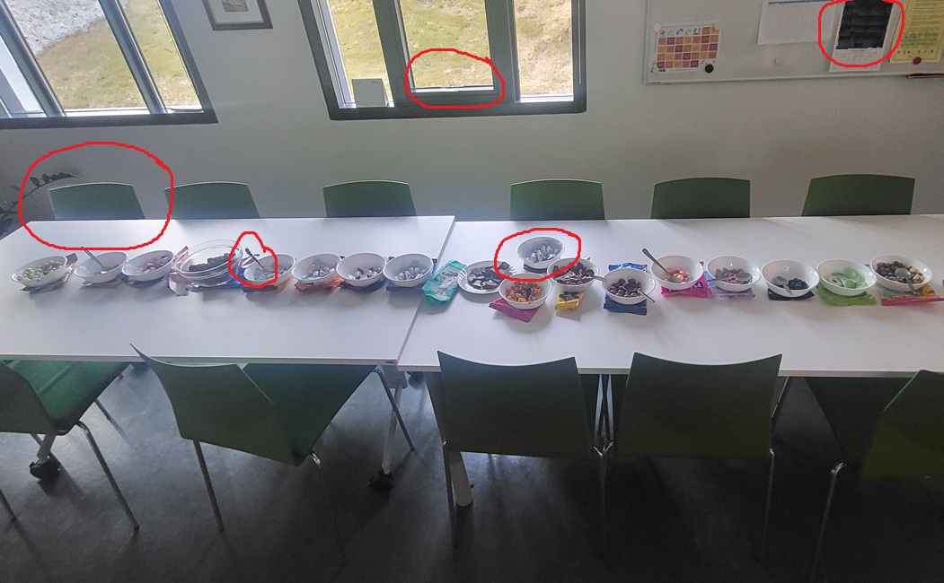 Bowls of candy in one long line along a table