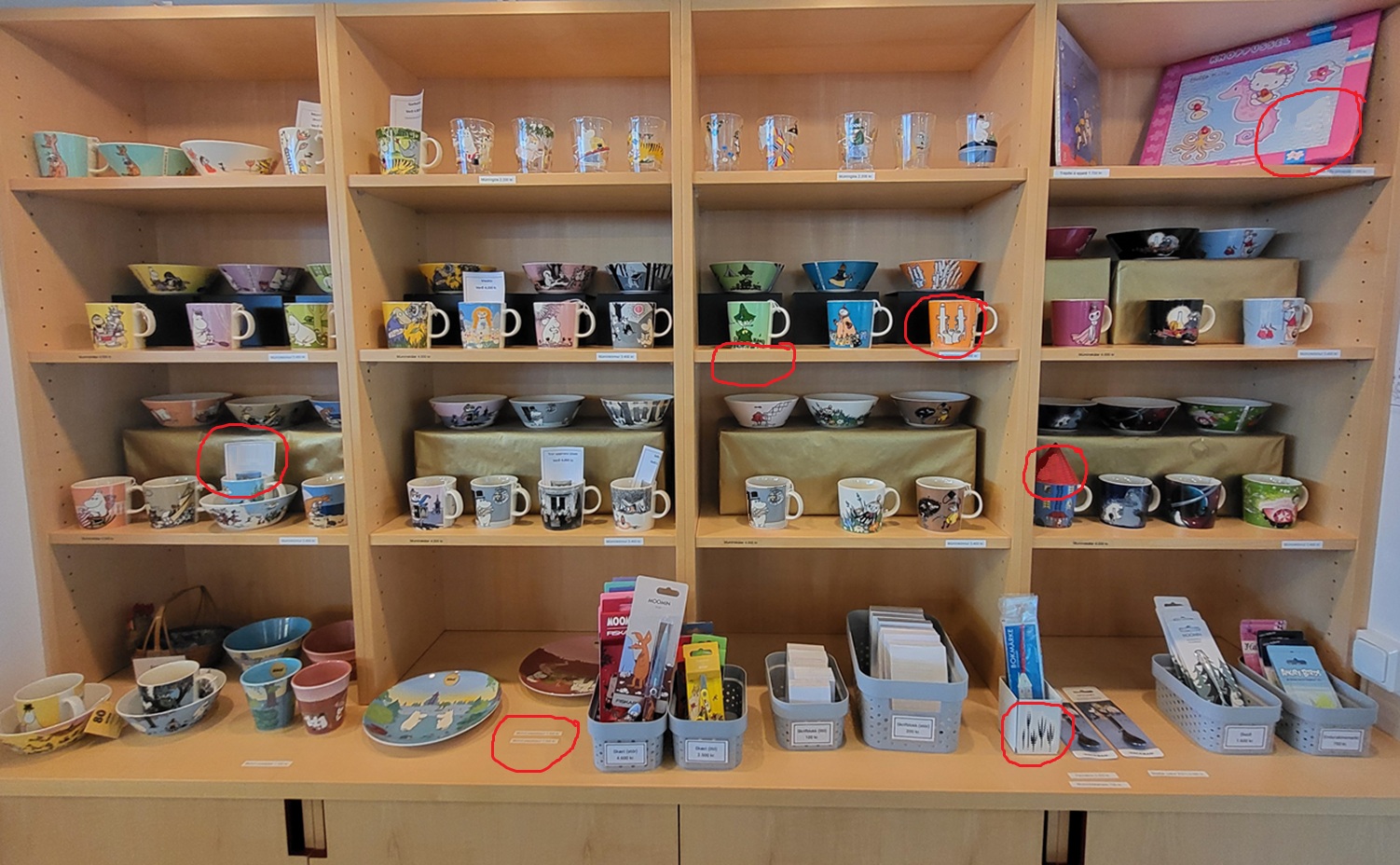 Shelves filled with all kinds of moomin related products