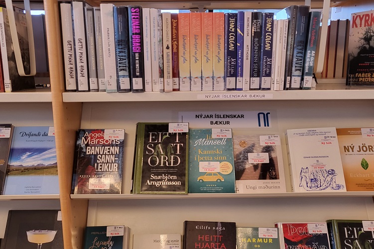 Mynd af bókum í hillu