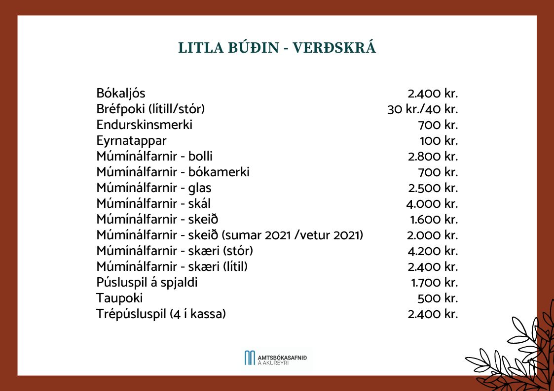 Verðskrá yfir safnbúð Amtsbókasafnsins