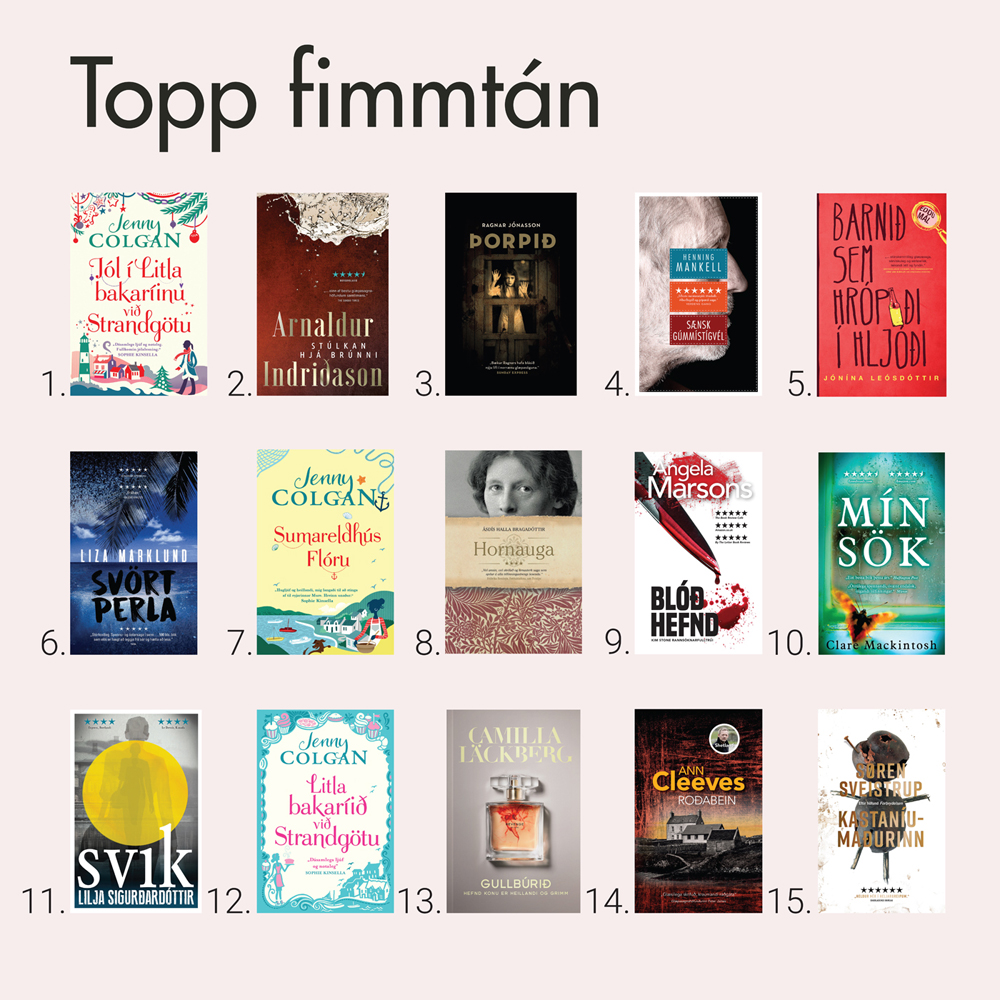 Mynd af vinsæælustu bókum ársins 2019 á Amtsbókasafninu. 