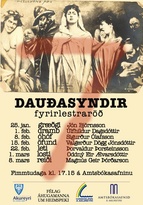 Plakat eða mynd með yfirliti yfir fyrirlestrana sjö sem haldnir verða á Amtsbókasafninu næstu fimmtudaga kl. 17:15