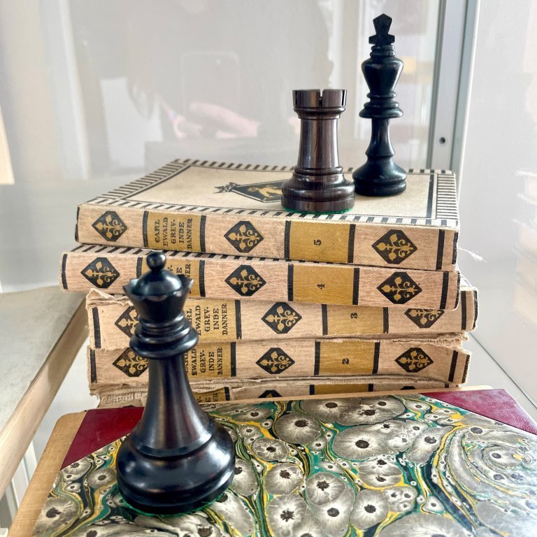 Taflmenn og bækur á minningarsýningu um Williard Fiske.