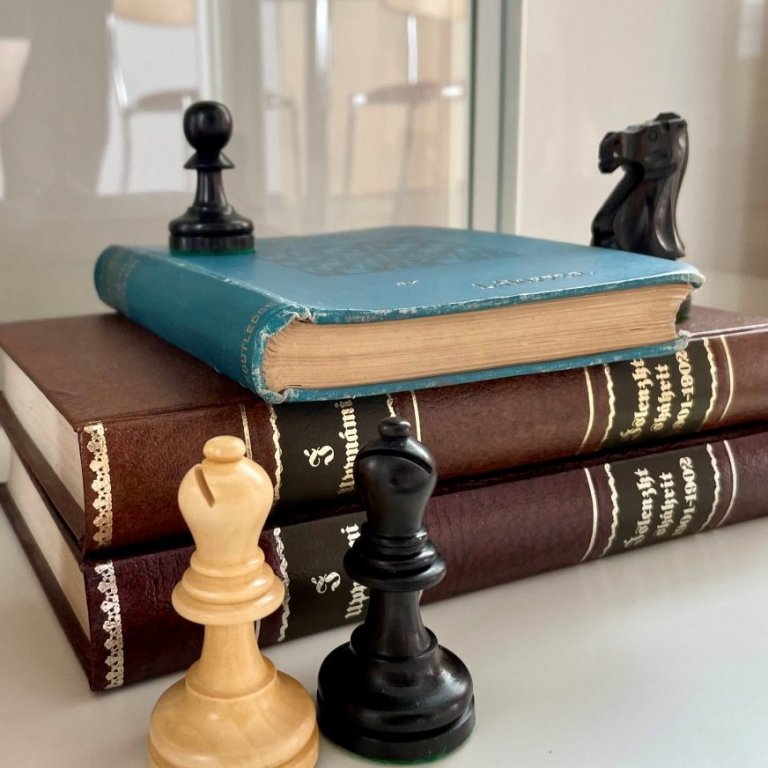 Taflmenn og bækur á minningarsýningu um Williard Fiske.