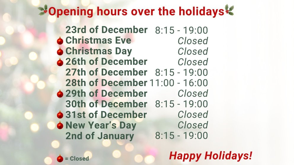 Opening hours over the holidays 2024/5
