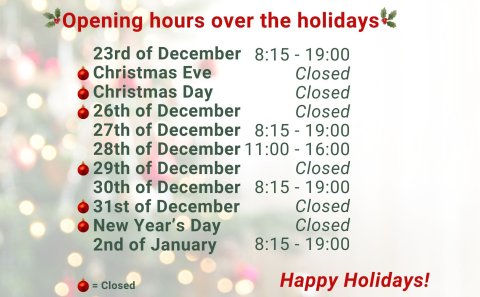 Opening hours over the holidays 2024/5